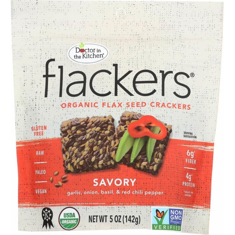 Flackers Doctor In The Kitchen Flackers Flax Seed Crackers Savory Garlic-Onion-Basil and Red Chile Pepper, 5 oz