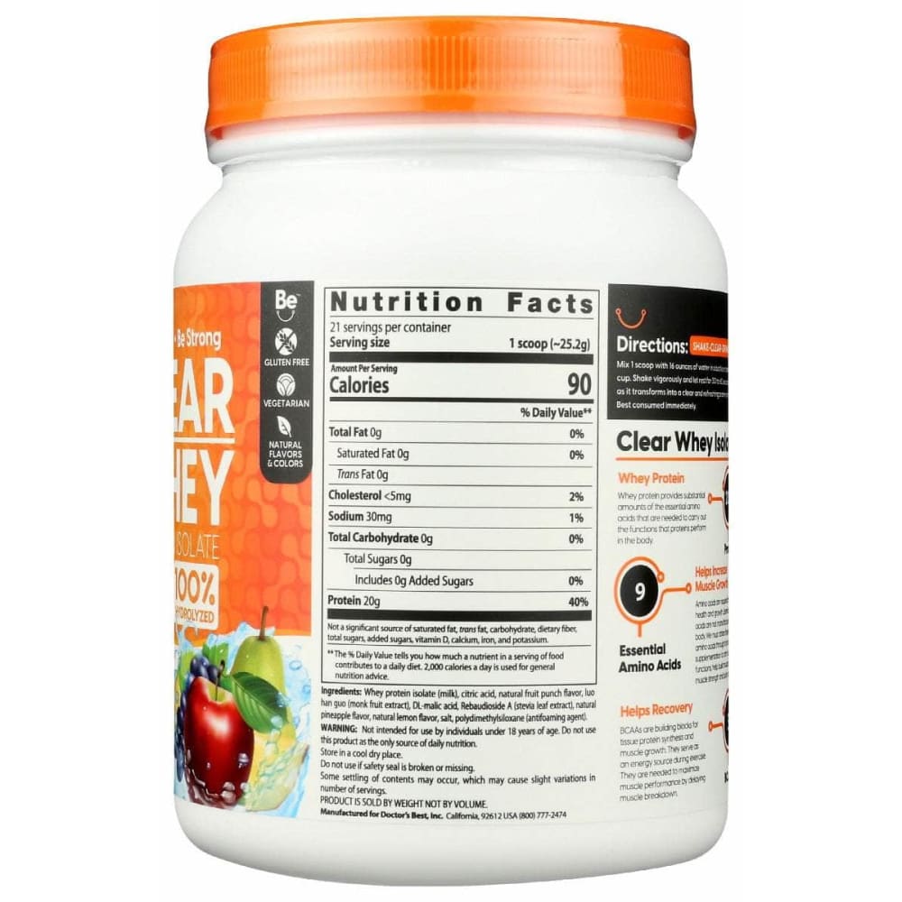DOCTORS BEST Vitamins & Supplements > Protein Supplements & Meal Replacements > PROTEIN & MEAL REPLACEMENT POWDER DOCTORS BEST Clear Whey Protein Isolate Fruit Punch, 529.2 gm