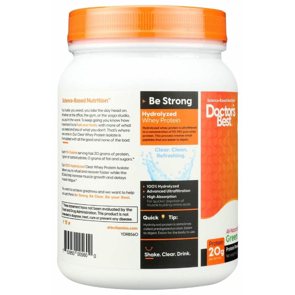 DOCTORS BEST Vitamins & Supplements > Protein Supplements & Meal Replacements > PROTEIN & MEAL REPLACEMENT POWDER DOCTORS BEST Clear Whey Protein Isolate Green Apple, 525 gm