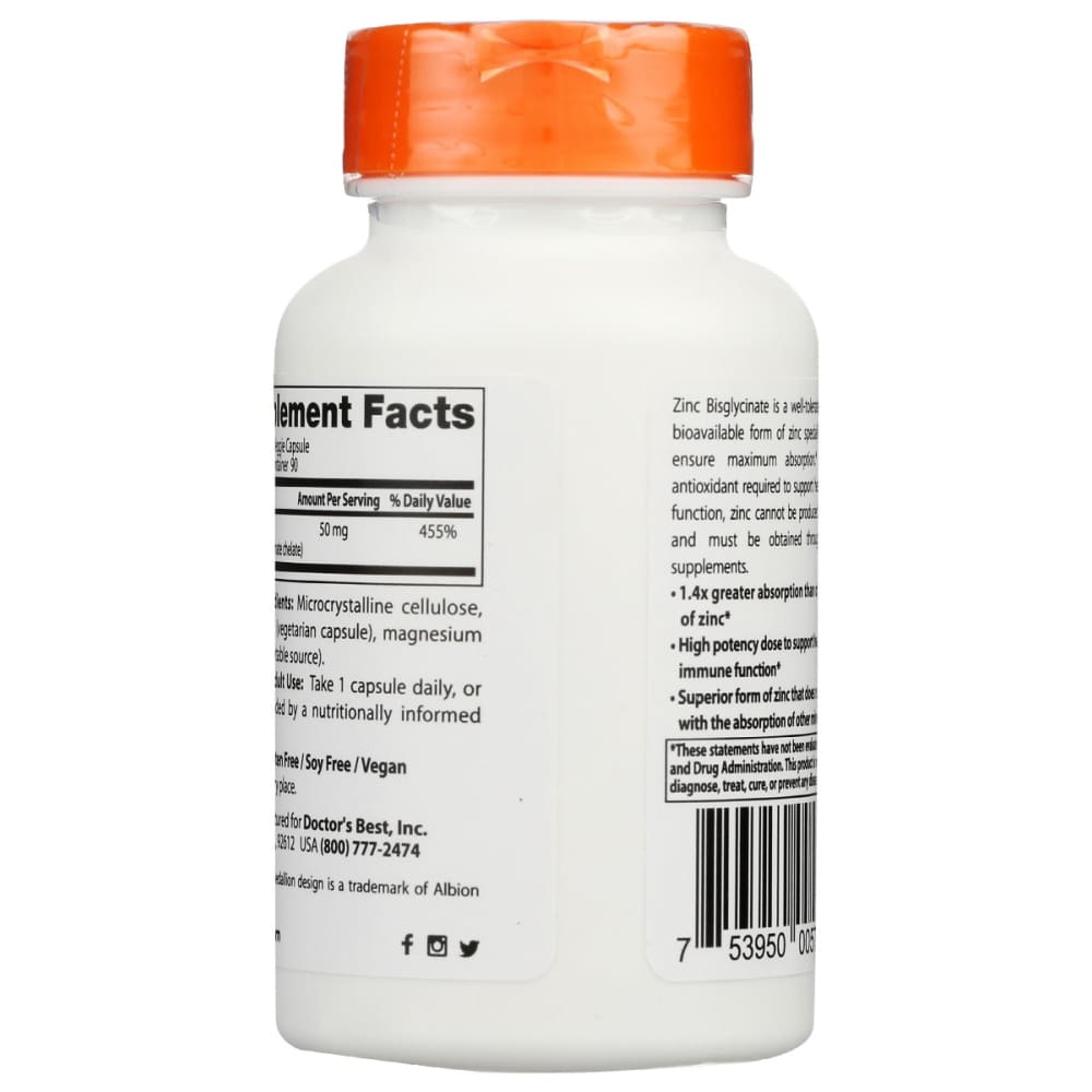 DOCTORS BEST: High Absorption Zinc Bisglycinate 50Mg 90 vc - Health > Vitamins & Supplements - DOCTORS BEST