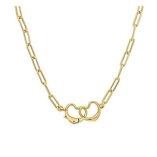 Double Heart Charm Clasp Paper Clip Link Necklace in Yellow Plated Sterling Silver- 16 - Home/Jewelry/Necklaces/Silver Gold & Platinum