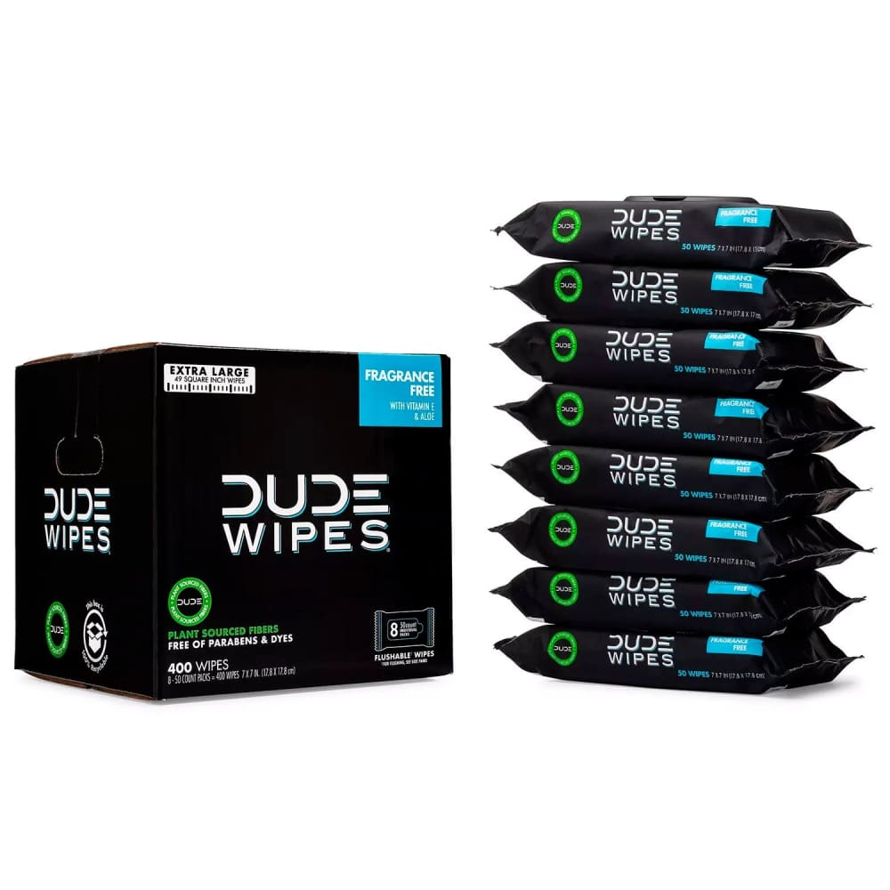 Dude Wipes Extra Large Fragance Free Flushable Wipes - 8 Packs 50 Ct Each - Flushable Wipes - Dude