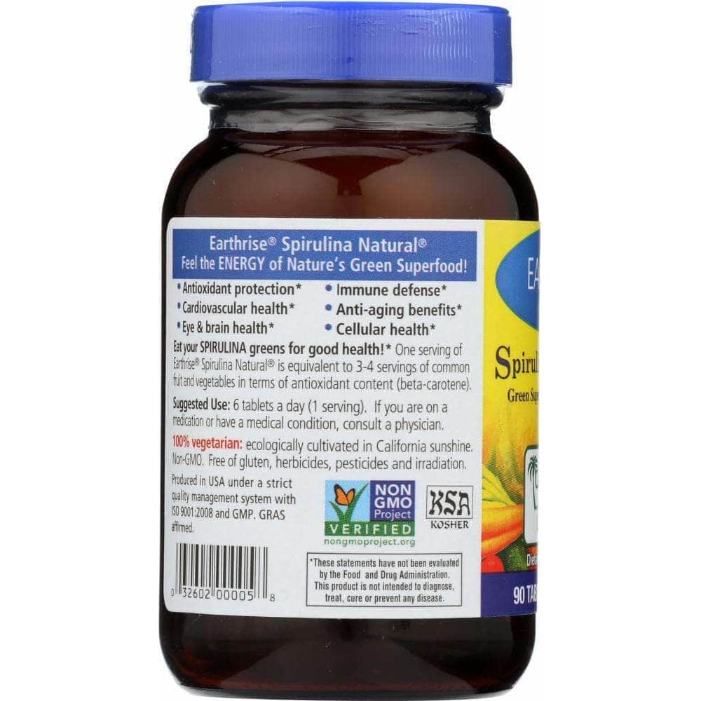 Earthrise Earthrise Spirulina Natural Green Super Food For Longevity 500 mg, 90 Tablets