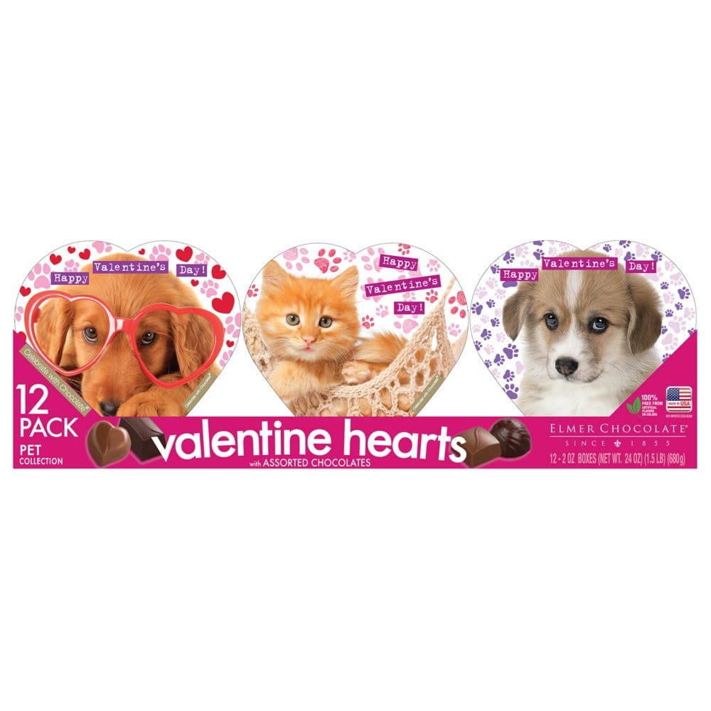 Elmer Chocolate Assorted Chocolate Pet Valentine Hearts (12 ct.) - Chocolate Candy - ShelHealth