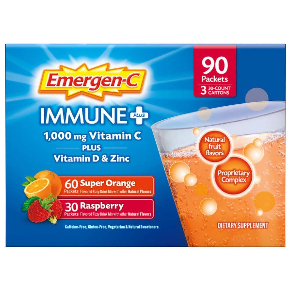 Emergen-C Dietary Supplement Drink Mix with Immune+ Triple Action Super Orange & Raspberry (90 ct.) - New Items - Emergen-C
