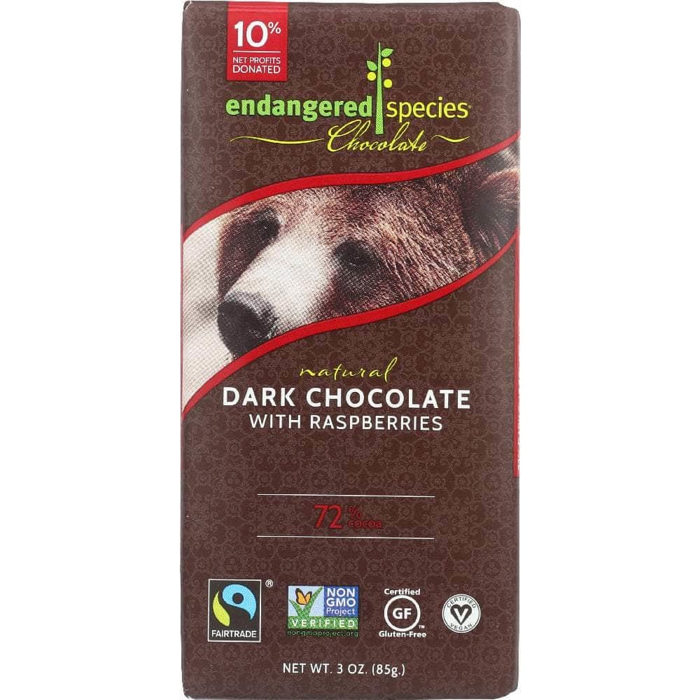 Endangered Species Chocolate Endangered Species Natural Dark Chocolate Bar with Raspberries, 3 oz