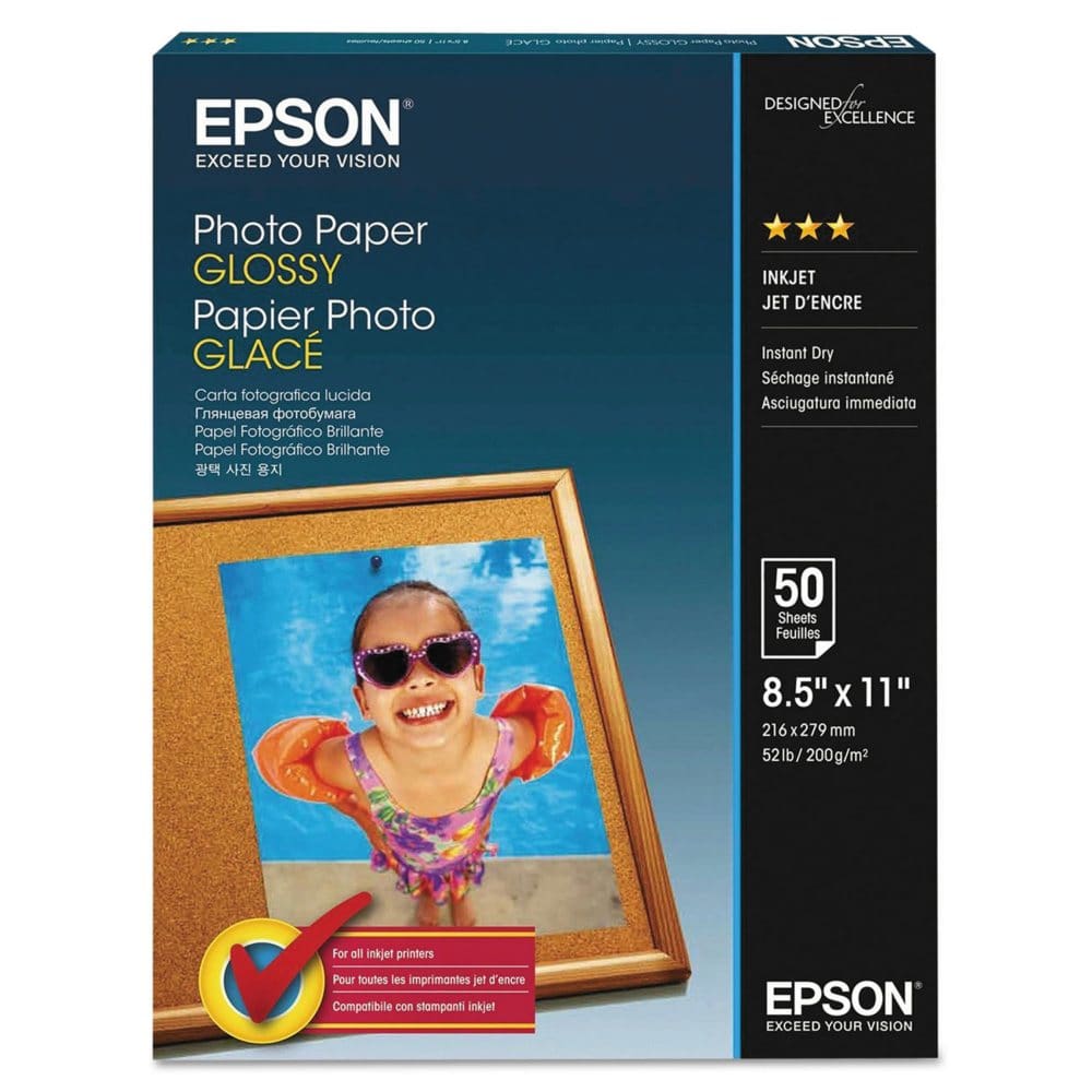 Epson Glossy Photo Paper 52 lb. Glossy 8.5 x 11 100 Sheets/Pack - Copy & Multipurpose Paper - Epson