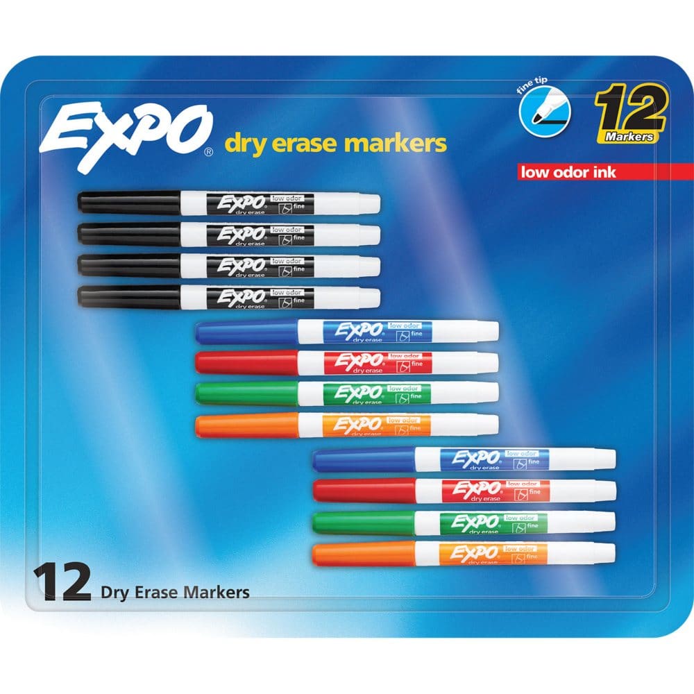 EXPO Low Odor Dry Erase Markers Fine Tip Assorted Colors 12 Pack - Pens Pencils & Markers - EXPO