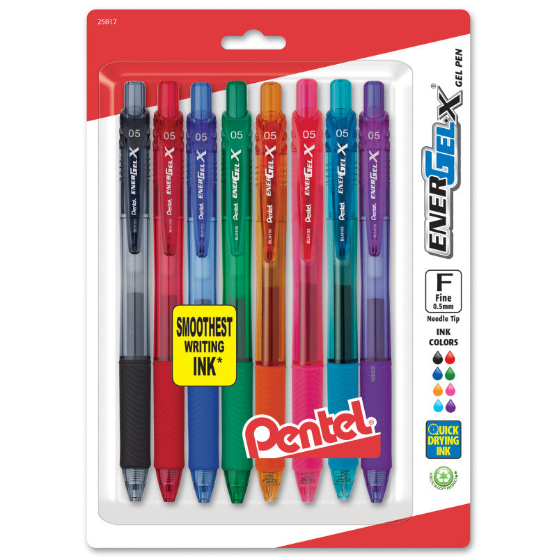 Retract Gel Pen Asst 8Pk Fine 0.5Mm Needle Tip Energel-X (Pack of 3)