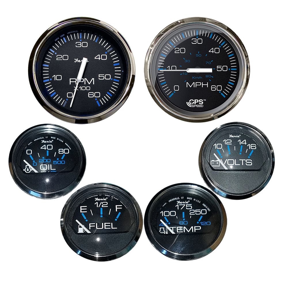 Faria Chesapeake Black w/ Stainless Steel Bezel Boxed Set of 6 - Speed Tach Fuel Level Voltmeter Water Temperature & Oil PSI - Inboard