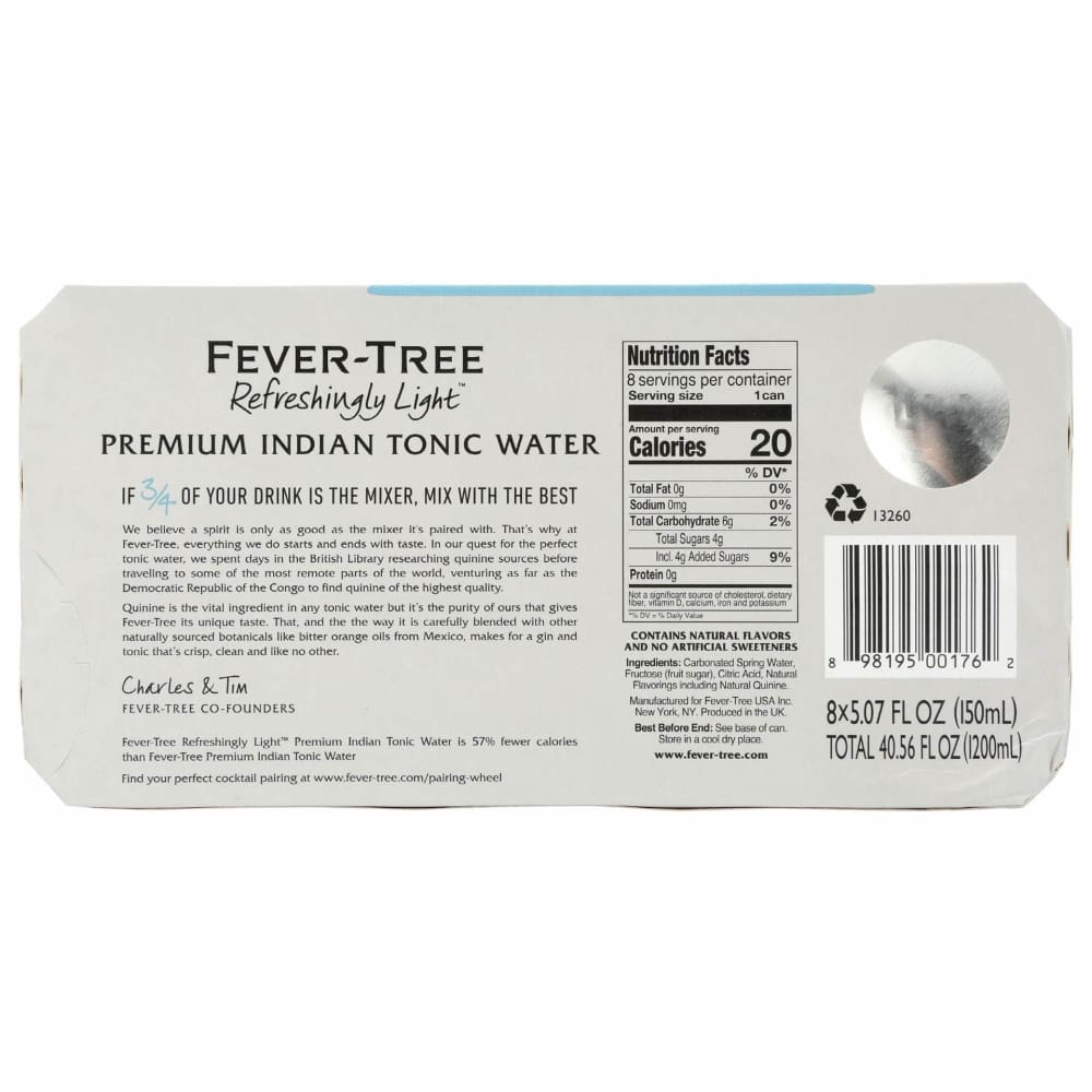 FEVER TREE Fever Tree Soda Tonic Water Lte 8Pk, 40.56 Fo