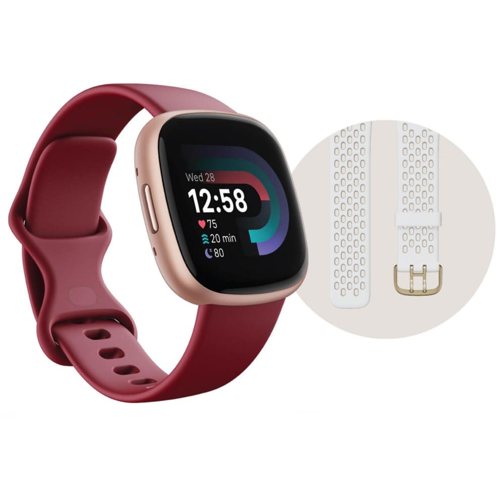 Fitbit Versa 4 Fitness Smartwatch Bundle Beet Juice/Copper Rose One Size - Small Bonus Band Included (Pack of []) - Wearable Technology -