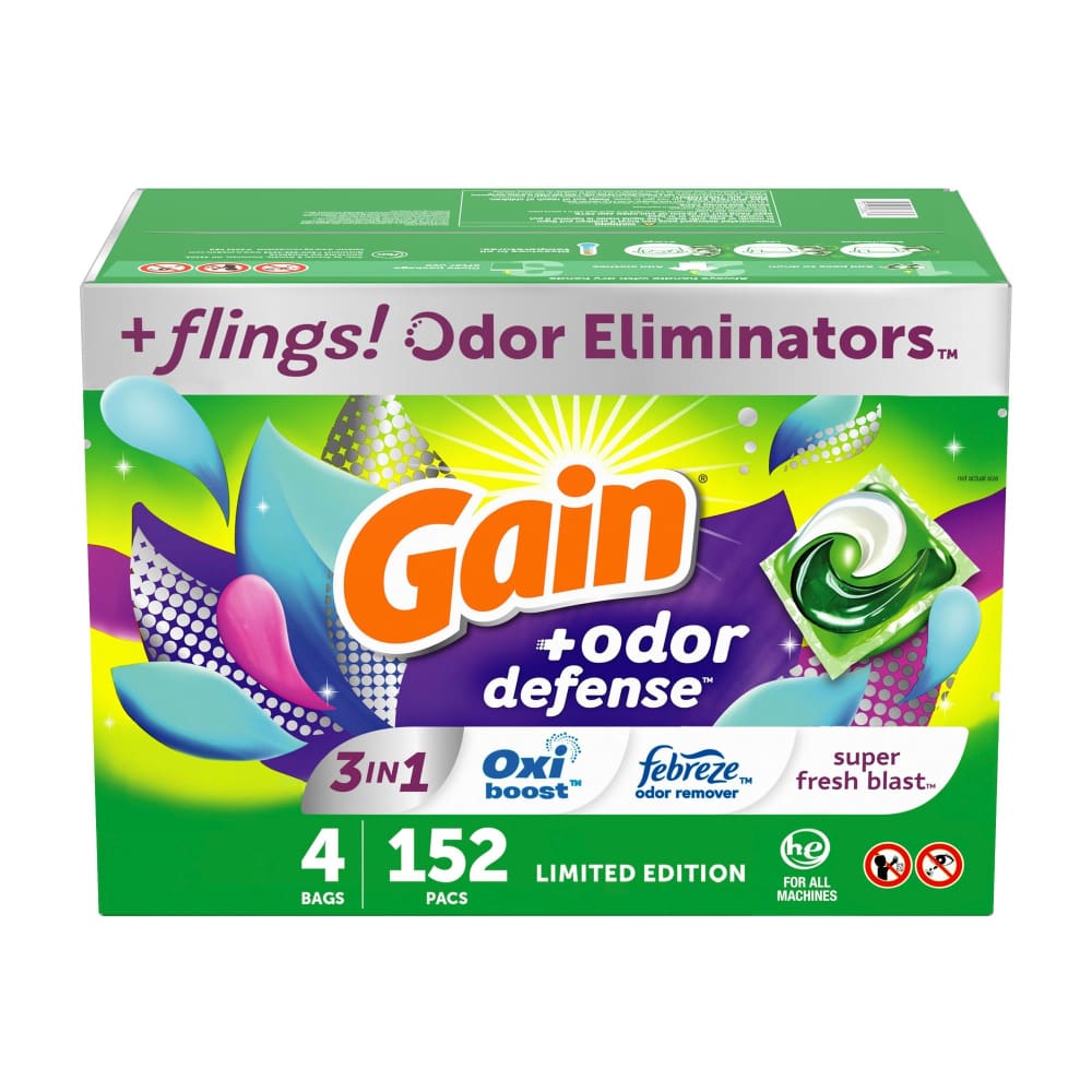Gain Gain Flings 3-in-1 Laundry Detergent Pacs with Odor Defense 152 ct. - Super Fresh Blast Scent - Home/Grocery Household & Pet/Cleaning &