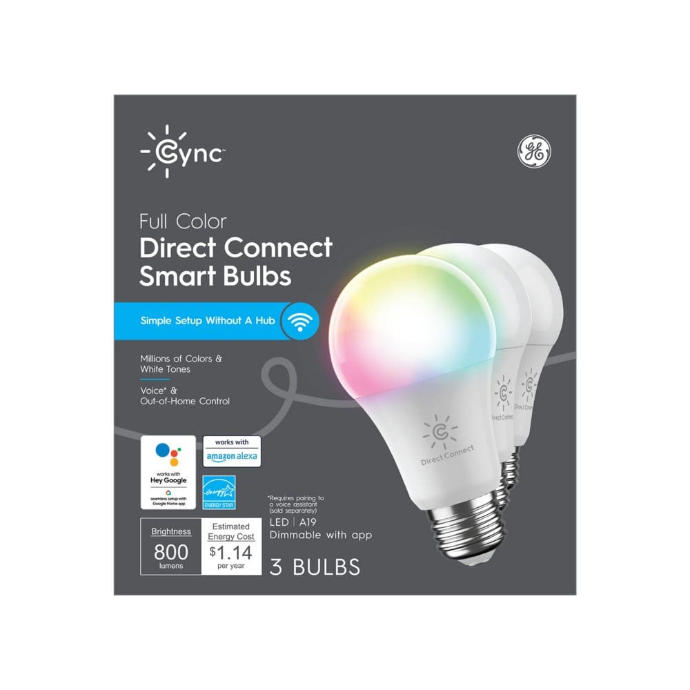 GE Cync LED 9W (60W Replacement) Smart Home Direct Connect Full Color A19 Smart Bulbs 3-Pack - Smart Lighting - GE