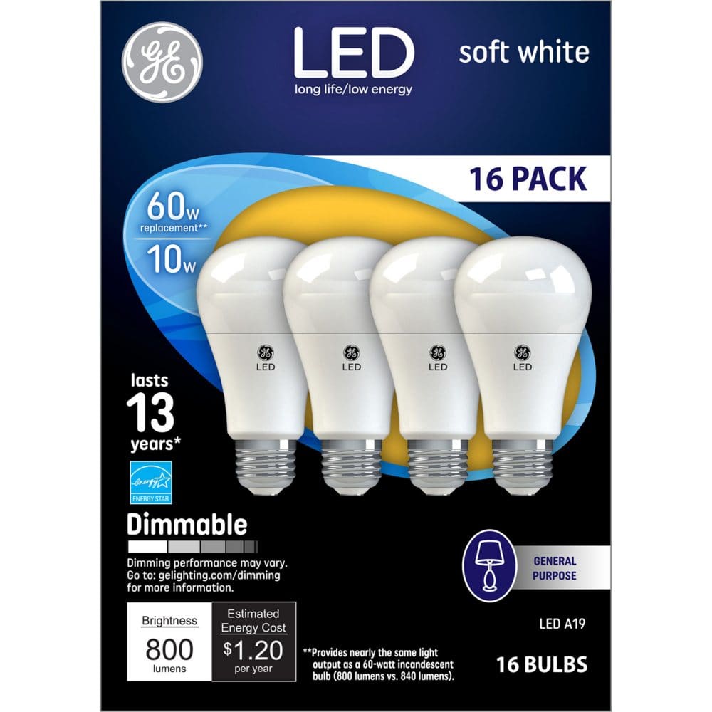 GE Soft White LED 60W Equivalent General Purpose A19 Light Bulbs (16 pk.) - Lightbulbs - ShelHealth