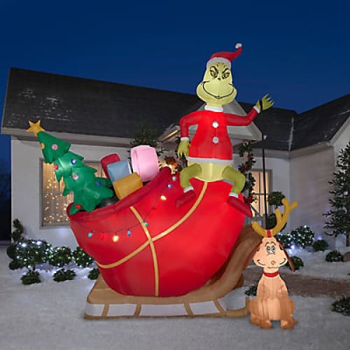 Gemmy 12’ Airblown Inflatable Grinch and Max Sleigh Scene - Home/Seasonal/Holiday/Holiday Decor/Christmas Decor/ - Gemmy