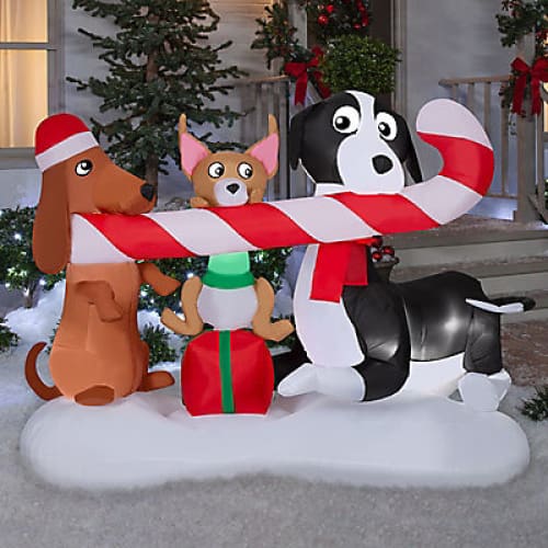 Gemmy 4.5’ Airblown Inflatable Dogs Sharing a Candy Cane Scene - Home/Seasonal/Holiday/Holiday Decor/Christmas Decor/ - Gemmy