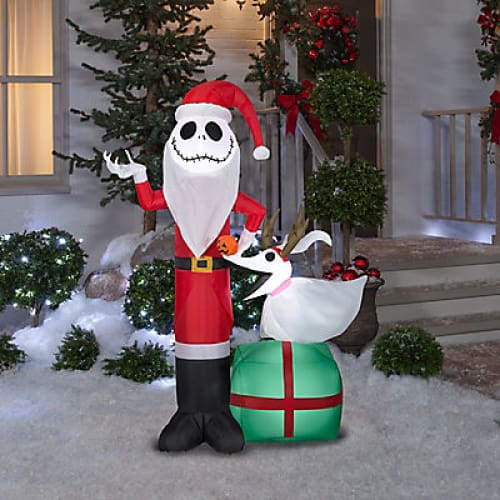 Gemmy 5’ Airblown Inflatable Jack Skellington as Santa and Zero Wearing Antlers - Home/Seasonal/Holiday/Holiday Decor/Christmas Decor/ -