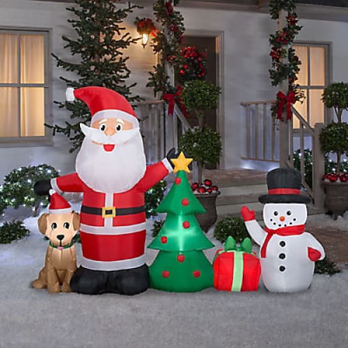 Gemmy 5’ Airblown Inflatable Santa with Puppy Christmas Tree Gift Box and Snowman - Home/Seasonal/Holiday/Holiday Decor/Christmas Decor/ -