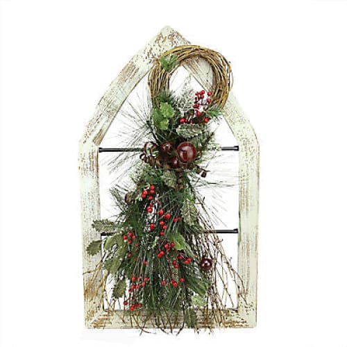 Gerson 29.5 Window Frame with Mixed Pine and Berry Swag Christmas Wall Decoration - White - Home/Seasonal/Holiday/Holiday Decor/Wreaths &