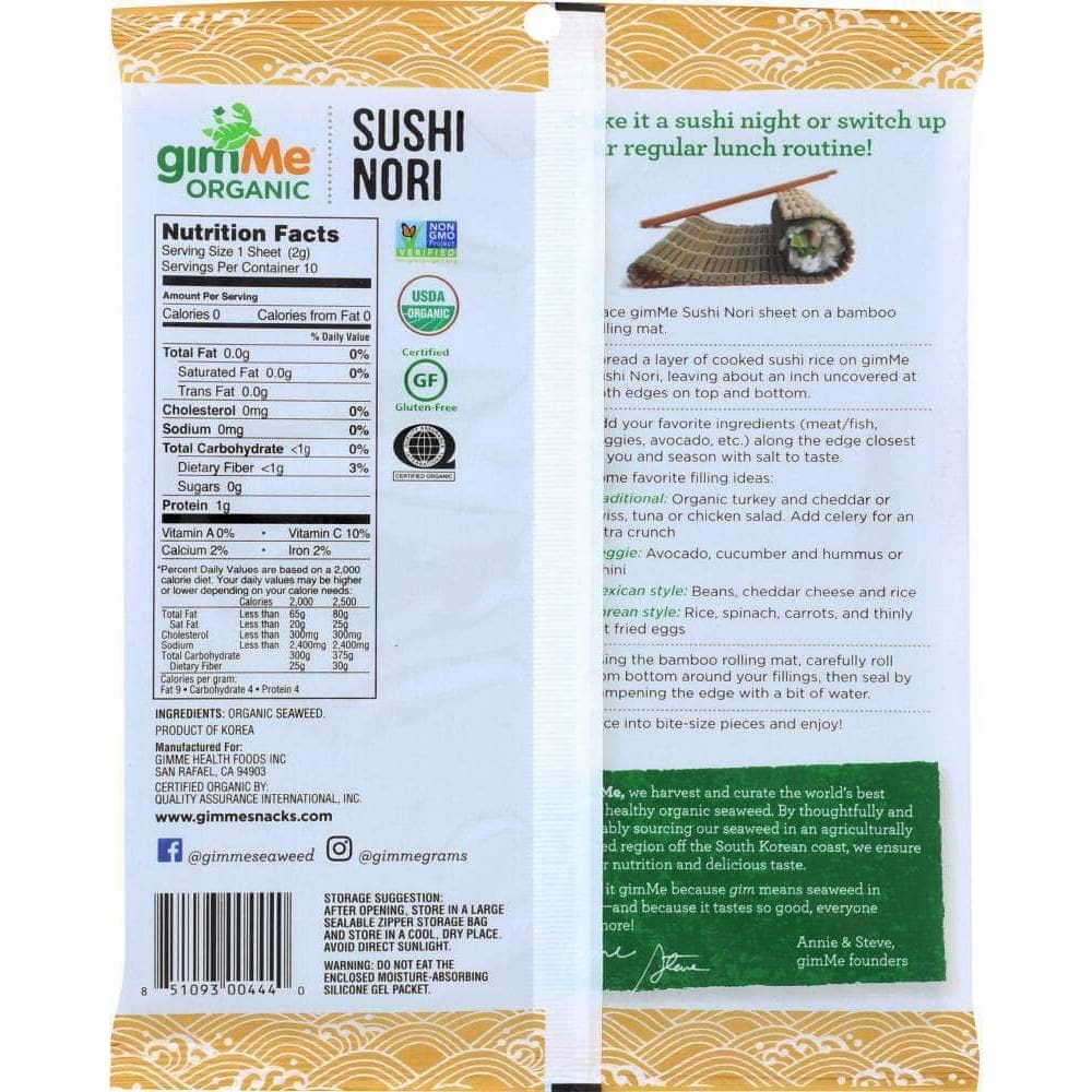 Gimme Snacks Gimme Organic Roasted Seaweed Sushi Nori, 0.81 oz