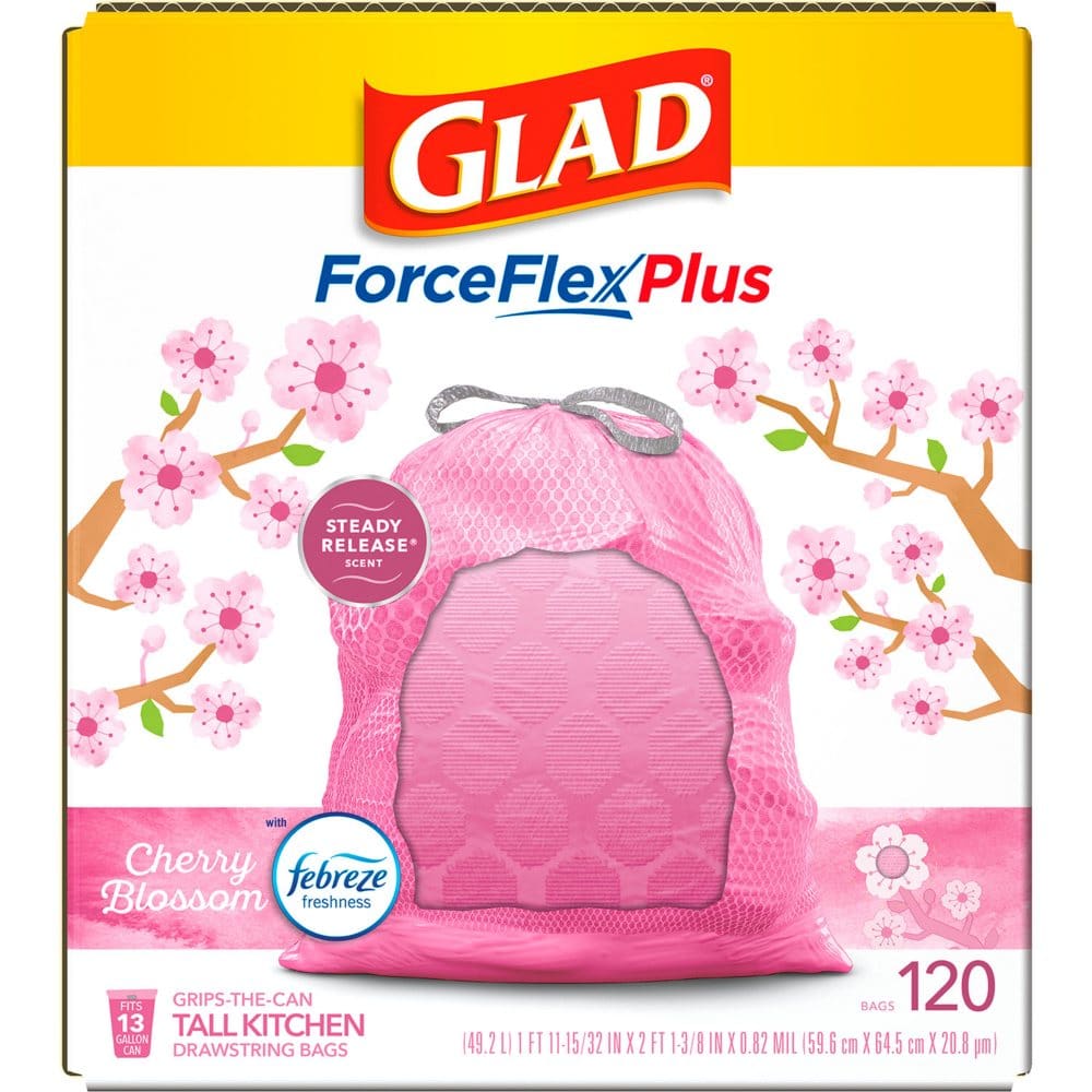 Glad Force Flex-Plus Tall Kitchen Drawstring Trash Bags Cherry Blossom Scent (13 gal. 120 ct.) - Paper & Plastic - Glad