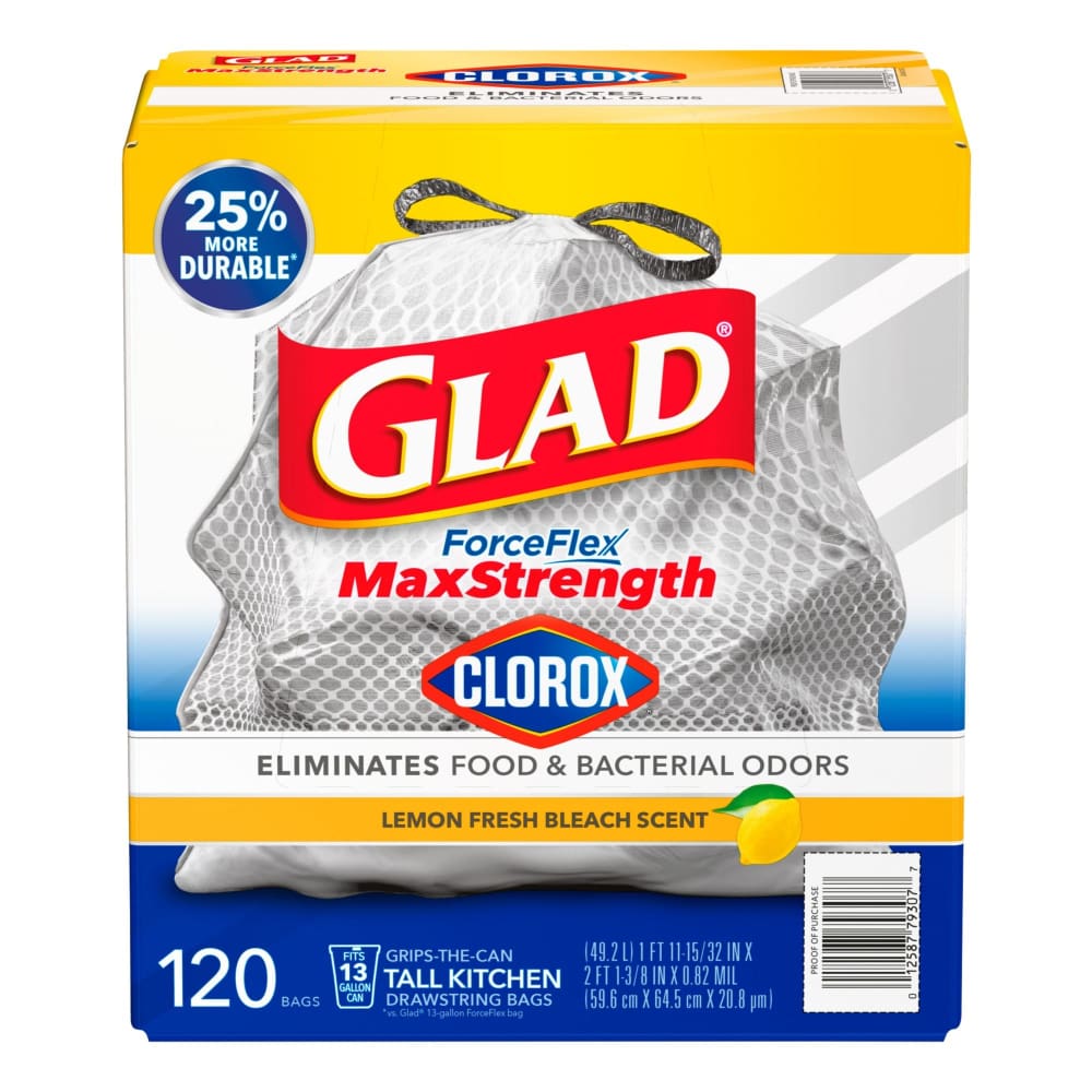 Glad Glad ForceFlex MaxStrength with Clorox 13 Gal. Kitchen Trash Bags 120 ct. - Lemon Fresh Bleach Scent - Home/Grocery Household &