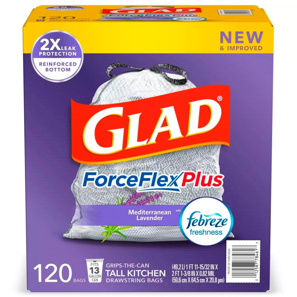 Glad ForceFlex Plus Tall Kitchen 13 Gallon Drawstring White Trash Bags Mediterranean Lavender - 120 Ct - Trash Bags - Glad