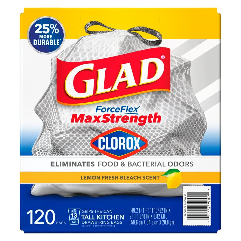 Glad ForceFlex Plus Tall Kitchen Trash Bags With Clorox Lemon Fresh Bleach Scent (13 gal. 120 ct.) - Paper & Plastic - Glad