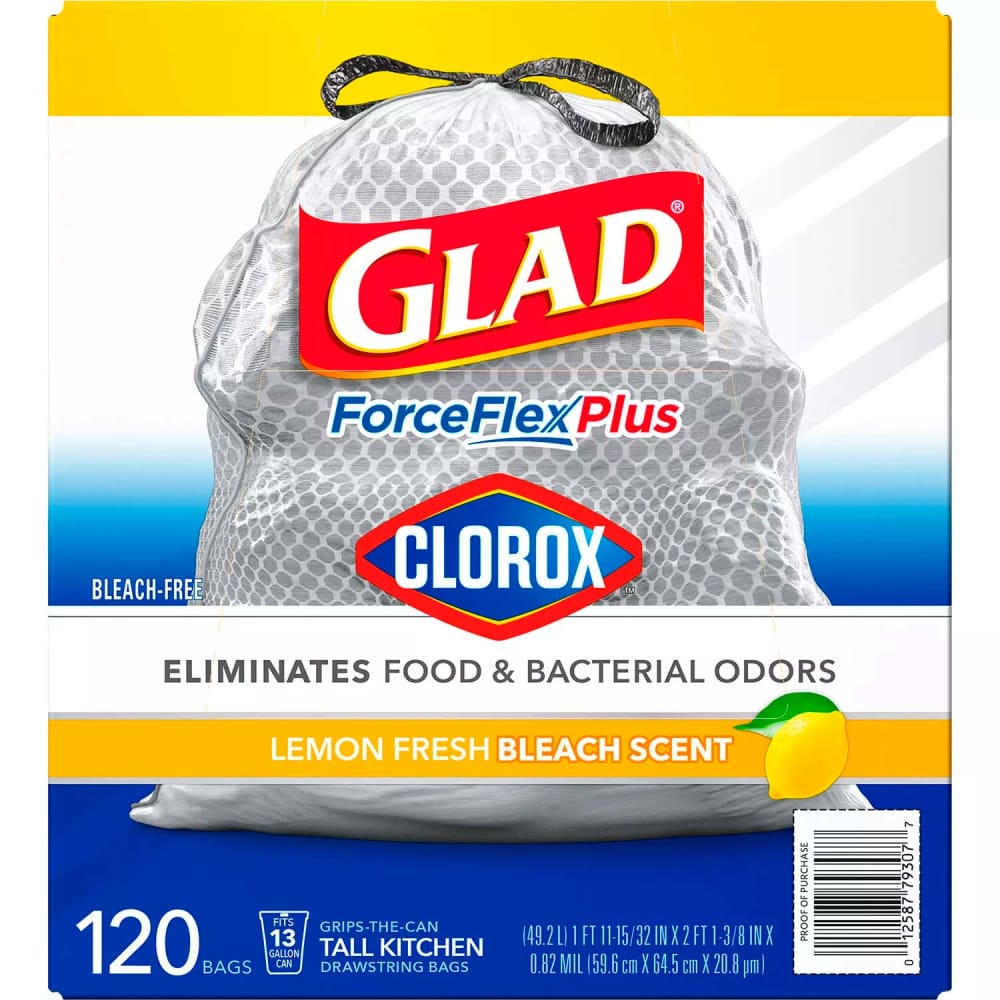 Glad Tall Kitchen Drawstring Grey Trash Bags – ForceFlex Plus With Clorox Lemon Fresh Bleach Scent - 13 gal. - 120 ct. - Trash Bags - Glad