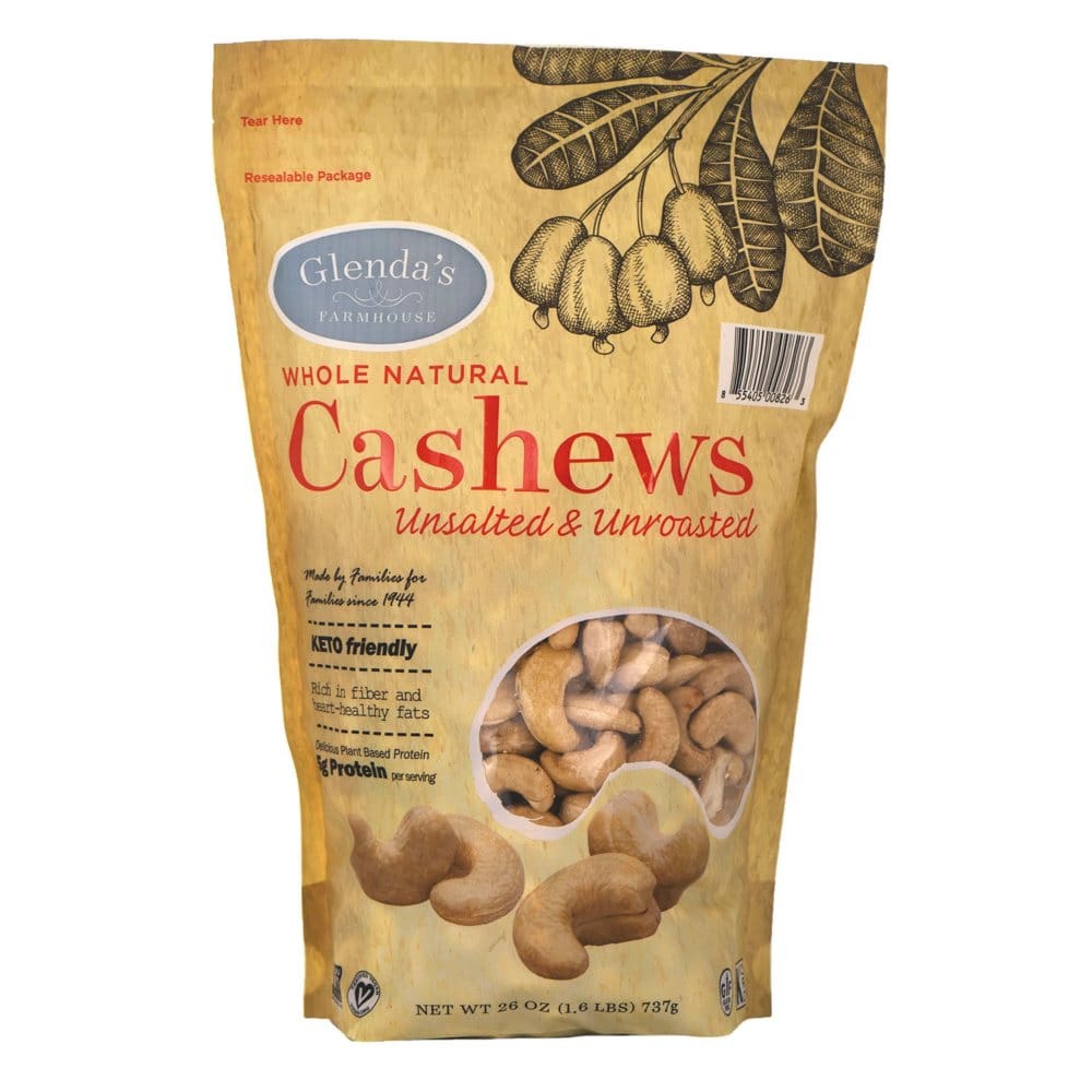 Glenda’s Farmhouse Whole Natural Unsalted/Unroasted Cashews (26 oz.) - Nuts - Glenda’s