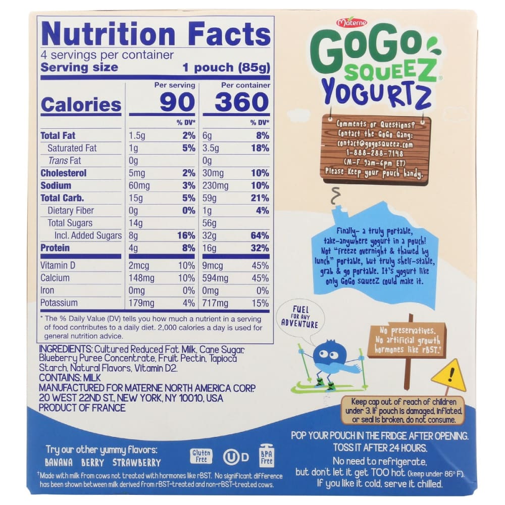 GOGO SQUEEZ: Yogurt Blueberry 12 oz - Grocery > Dairy Dairy Substitutes and Eggs > Milk & Milk Substitutes - GOGO SQUEEZ
