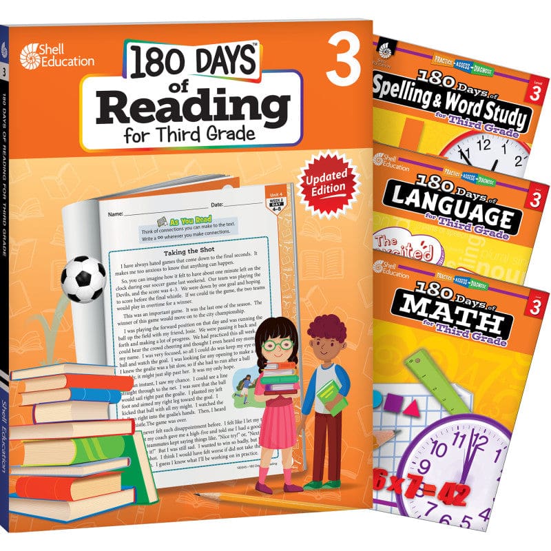 Grade 3 180 Days 4 Book Set Reading Spelling Language Math - Cross-Curriculum Resources - Shell Education
