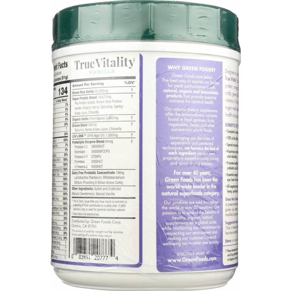 GREEN FOODS Categories > Supplements > Protein > Protein Shakes GREEN FOODS: True Vitality Plant Protein Shake with DHA Vanilla, 25.2 oz