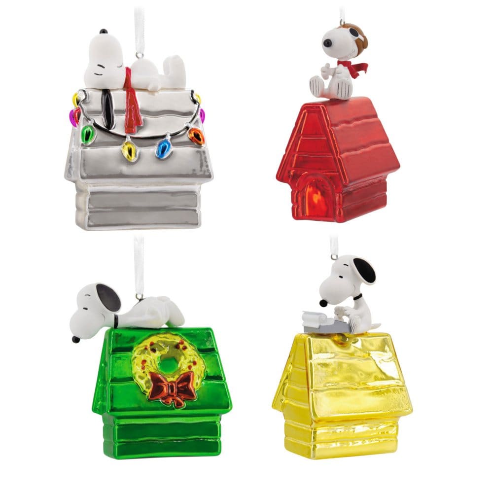 Hallmark Set of 4 Christmas Glass Ornaments - Peanuts Snoopy Colored Doghouses - New Items - Hallmark