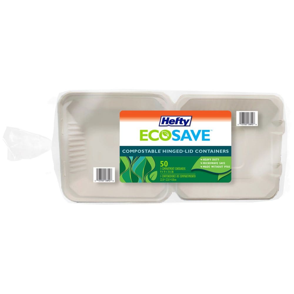 Hefty ECOSAVE 1-Compartment Hinged Lid Container (9 x 9 50 ct.) - Disposable Tableware - Hefty