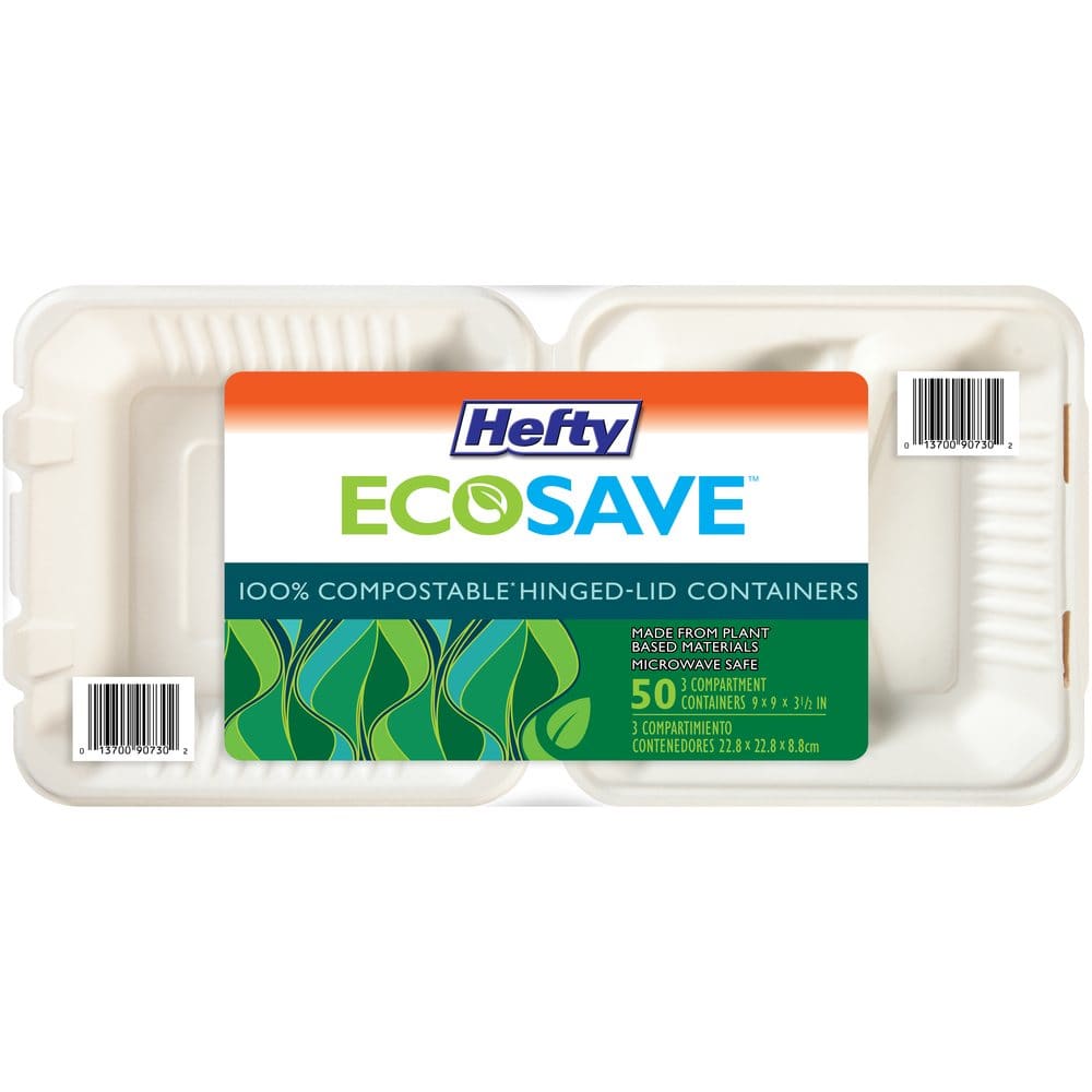 Hefty ECOSAVE 3-Compartment Hinged Lid Container (9 x 9 50 ct.) (Pack of []) - Disposable Tableware - Hefty