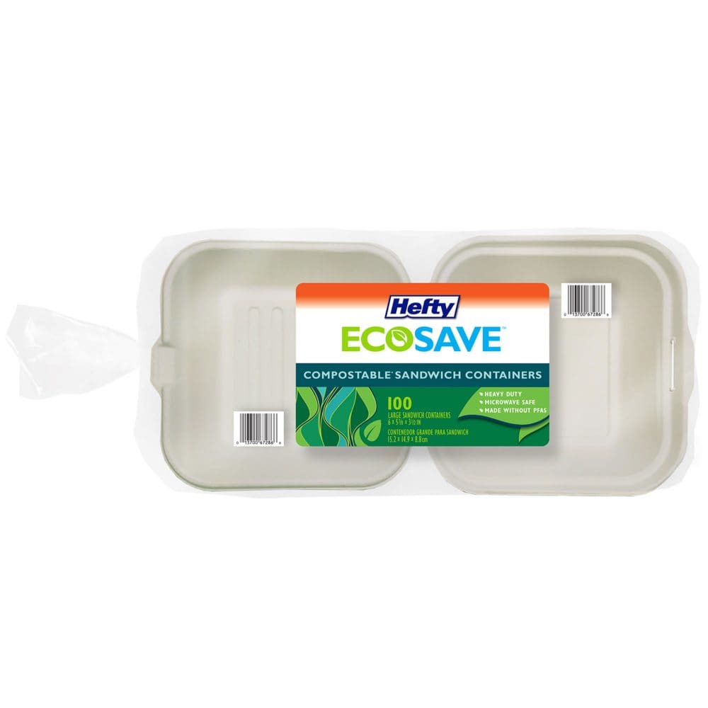 Hefty ECOSAVE Sandwich Hinged Lid Container (6 x 6 100 ct.) - Disposable Tableware - Hefty
