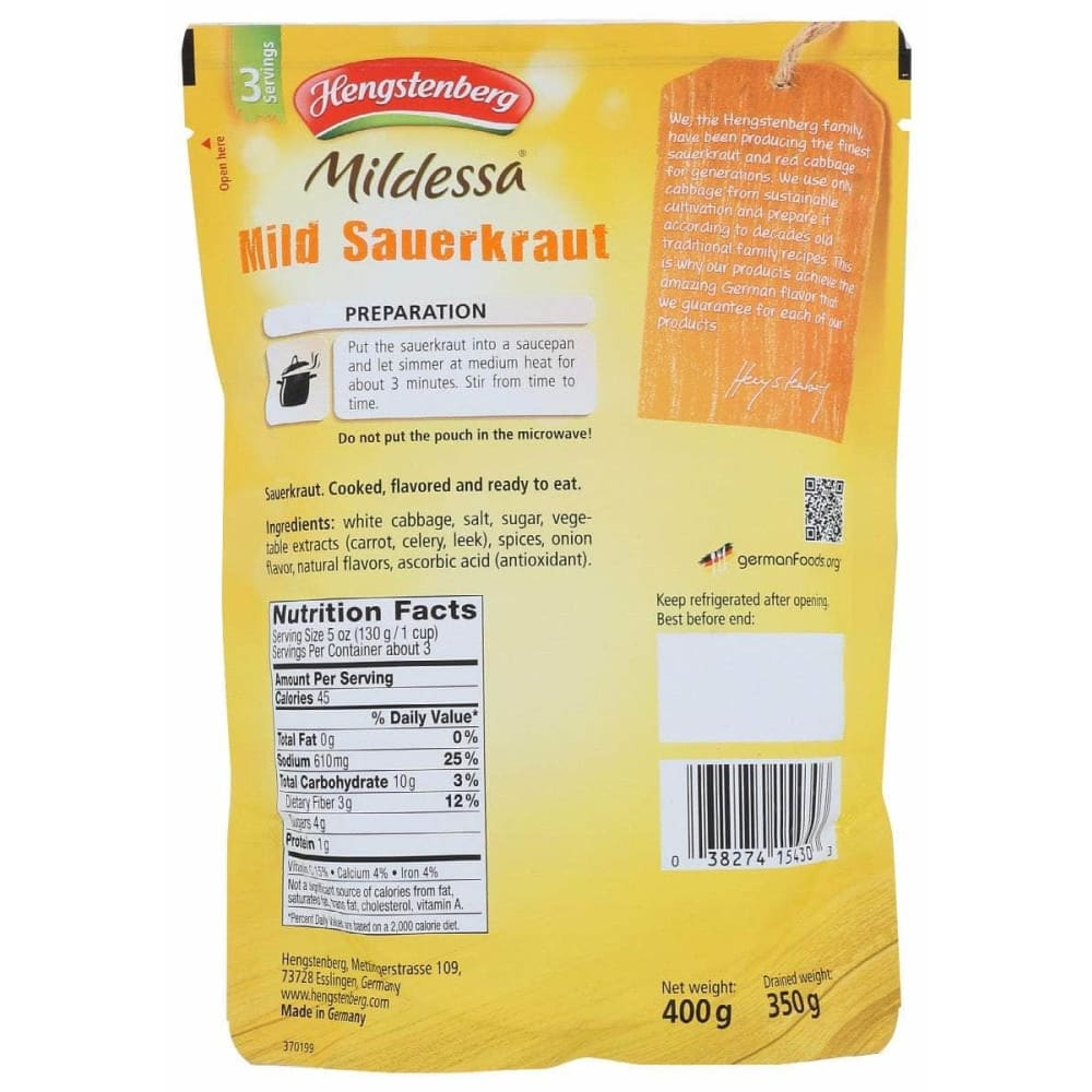HENGSTENBERG Hengstenberg Sauerkraut Mildessa In Pouch, 14.1 Oz