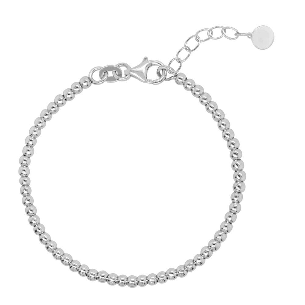 High Polish 3mm Beaded Adjustable Bracelet with Lobster Clasp And Circle Tag 6.5-7.5 - Silver - High