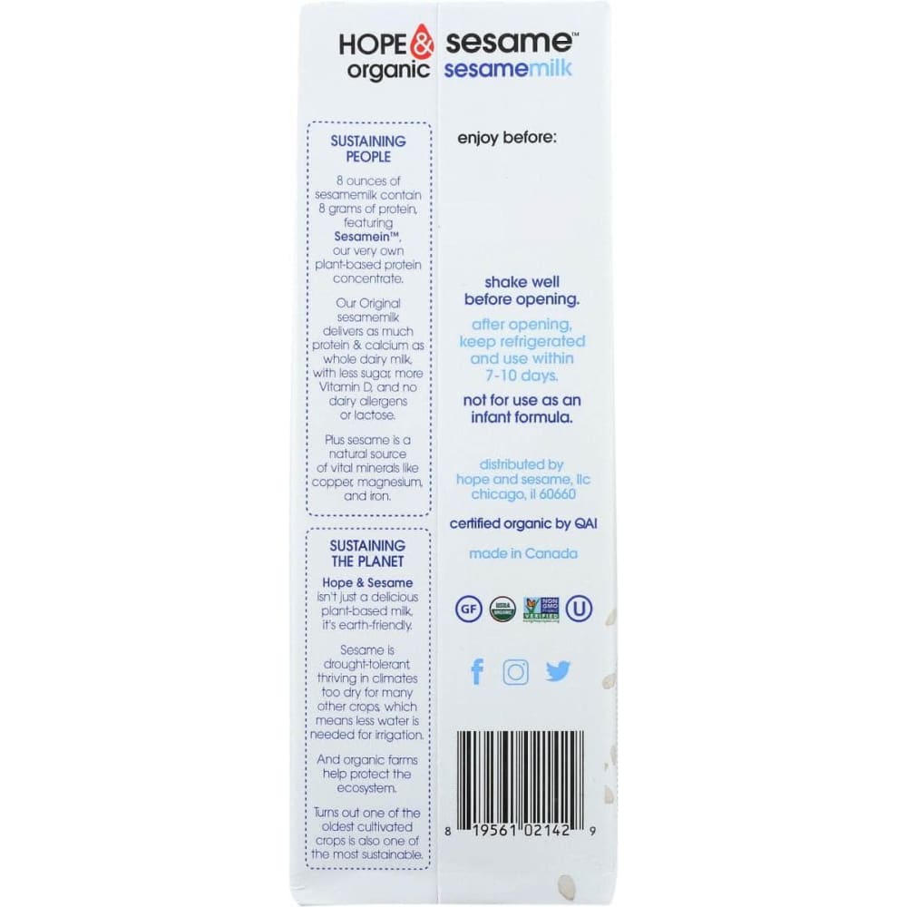 HOPE AND SESAME Grocery > Beverages > Milk & Milk Substitutes HOPE AND SESAME: Milk Ssame Original Org, 33.8 fo