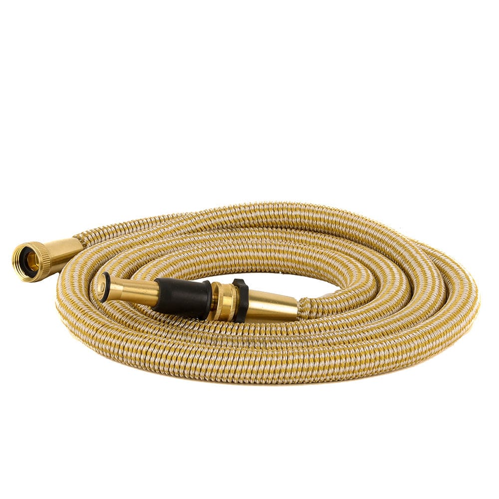 HoseCoil 25’ Expandable PRO w/ Brass Twist Nozzle & Nylon Mesh Bag - Gold/ White - Boat Outfitting | Cleaning,Boat Outfitting | Deck /