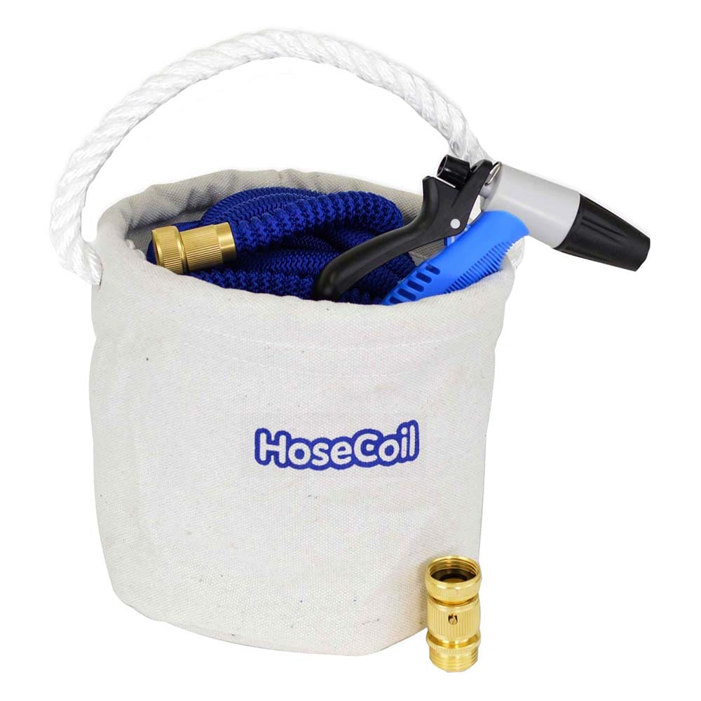 HoseCoil Canvas Bucket w/ 75’ Expandable Hose Rubber Tip Nozzle & Quick Release - Boat Outfitting | Cleaning,Boat Outfitting | Deck / Galley