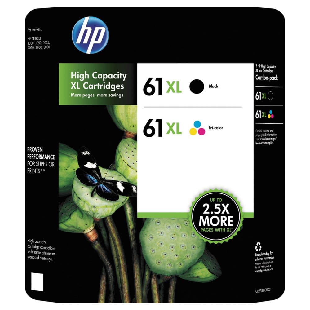 HP 61XL High Yield Original Ink Cartridge Black/Tri-Color 2 Pack 480 Page Yield - Ink Cartridges - HP