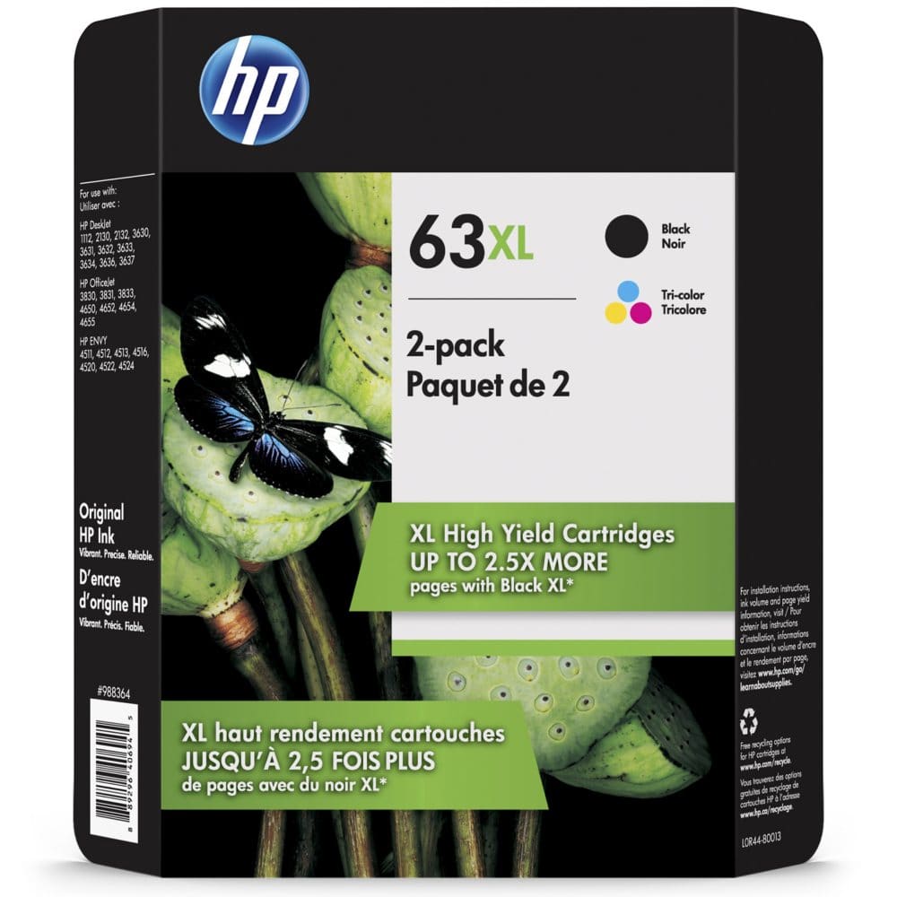 HP 63XL (L0R44BN) High-Yield Original Ink Cartridges Black/Tri-Color (2 pk.) - Ink Cartridges - HP