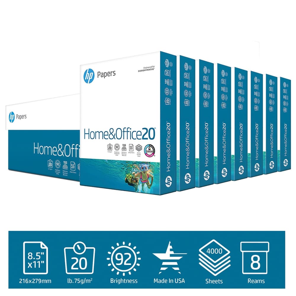 HP Home & Office Copy Paper 92 Brightness 20 lb. 8 1/2 x 11 8 Reams 4,000 Sheets/Carton - HP