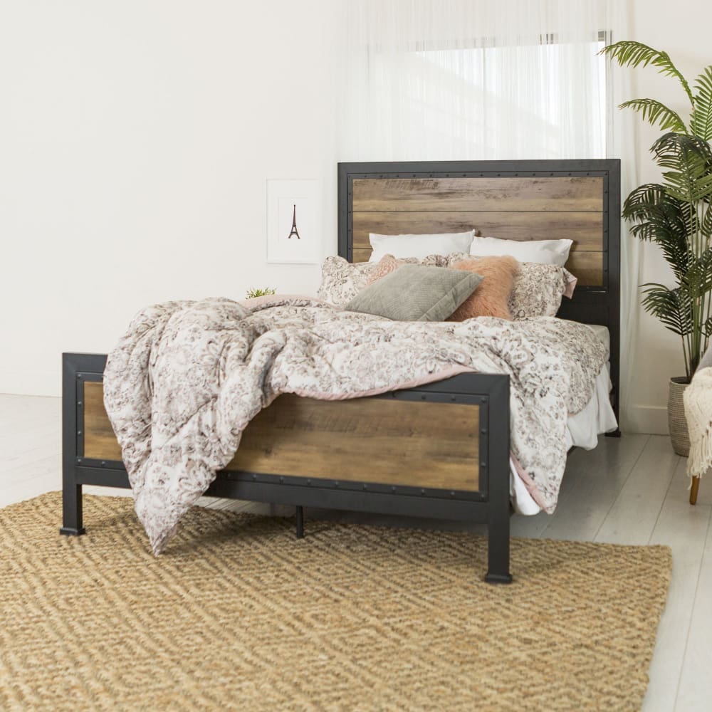 Industrial Queen Size Bed Frame - Rustic Oak - W. Trends