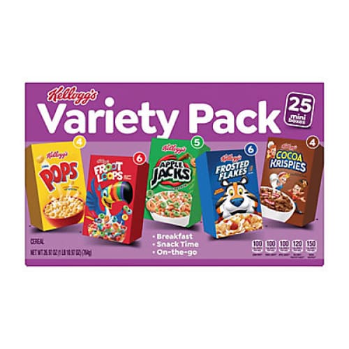 Kellogg’s Cold Breakfast Cereal Single Serve Kids Snacks Variety Pack 25 pk. - Home/Grocery/Breakfast/Cereal Oatmeal & Breakfast Bars/ -
