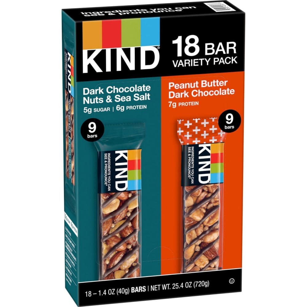 KIND Snack Bars Variety Pack Dark Chocolate Nuts & Sea Salt and Peanut Butter Dark Chocolate (18 ct.) - Breakfast & Snack Bars - KIND