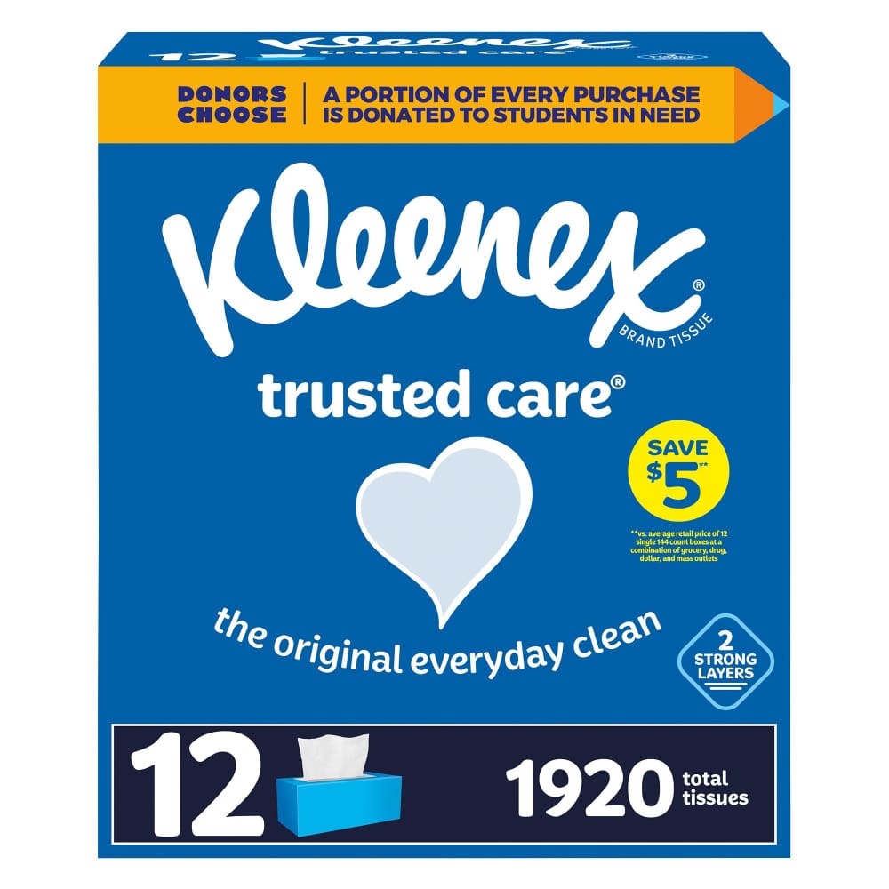 Kleenex Trusted Care Facial Tissues 12 Flat Boxes 160 Tissues per Box 2-Ply (1,920 Total Tissues) - Kleenex